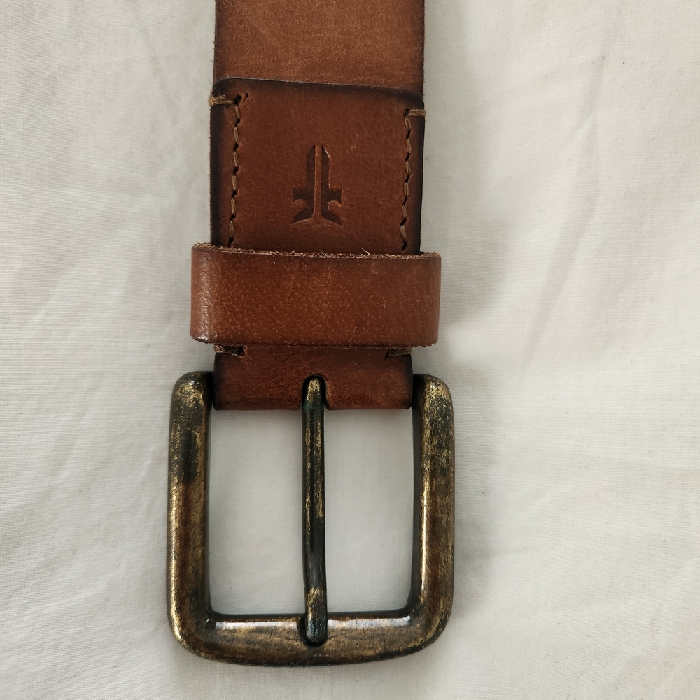 Frye Chestnut Brown Leather Belt with Aged Brass Buckle